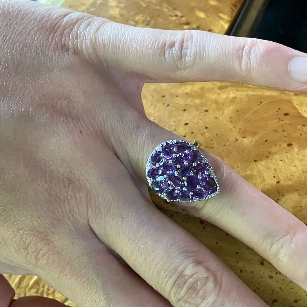 Natural Amethyst White Zircon Sterling Silver Cocktail Ring Size 7